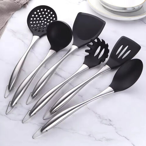 Buyer Star Hochwertiges 6-teiliges Küchenhelfer-Set aus Silikon mit Edelstahlgriff und Halter - Professionelle Küchenwerkzeuge