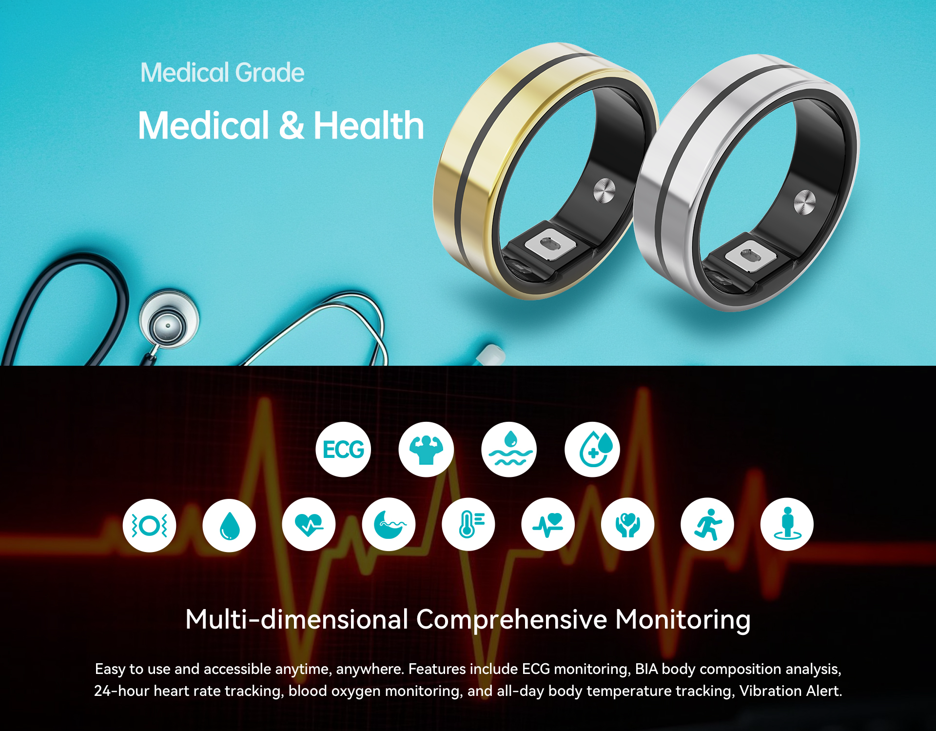 Health Rings Dimensions Wholesale 2025 Medical-grade Smart Health Ring With Motor Vibration Ecg ...