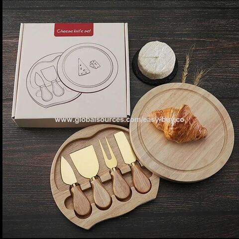 Set de 4 Cuchillos para Queso de Acero Inoxidable con Pala, Vajilla en Caja de Regalo de Madera de Caucho para Cortar Queso