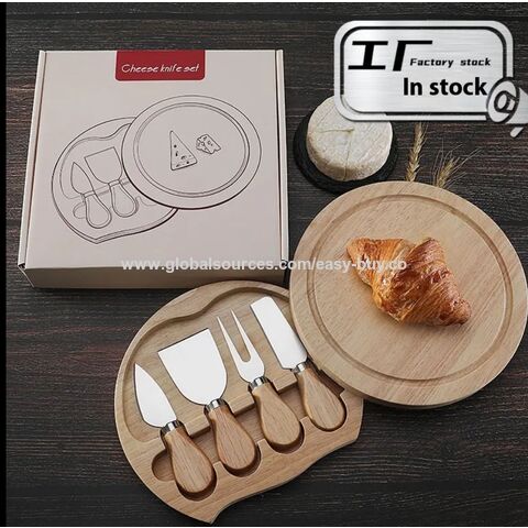 Set de 4 Cuchillos para Queso de Acero Inoxidable con Pala, Vajilla en Caja de Regalo de Madera de Caucho para Cortar Queso