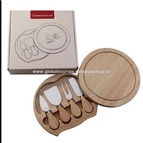 Set de 4 Cuchillos para Queso de Acero Inoxidable con Pala, Vajilla en Caja de Regalo de Madera de Caucho para Cortar Queso