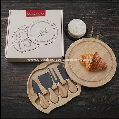Set de 4 Cuchillos para Queso de Acero Inoxidable con Pala, Vajilla en Caja de Regalo de Madera de Caucho para Cortar Queso