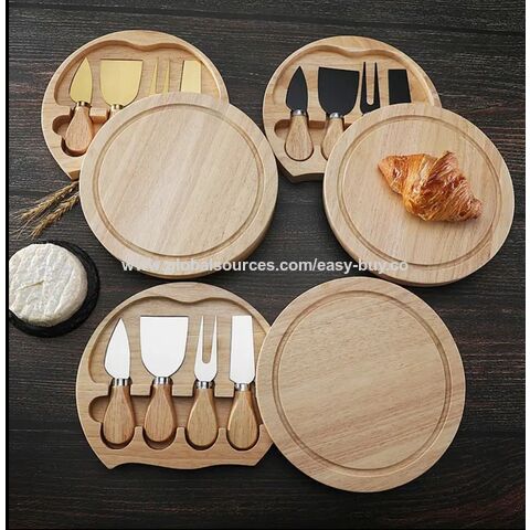 Set de 4 Cuchillos para Queso de Acero Inoxidable con Pala, Vajilla en Caja de Regalo de Madera de Caucho para Cortar Queso