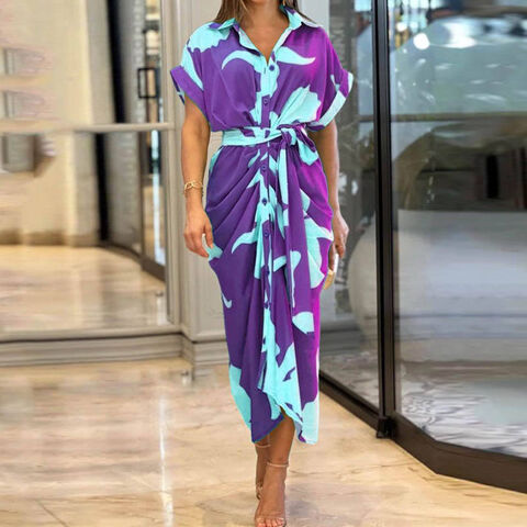 Großhandel Damen Sommerkleid mit Schnürung, taillierter Passform, kurzen Ärmeln, einreihiger Knopfleiste, anpassbarer Farbe, europäischer und amerikanischer Stil