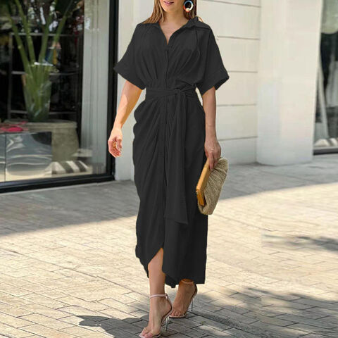 Großhandel Damen Sommerkleid mit Schnürung, taillierter Passform, kurzen Ärmeln, einreihiger Knopfleiste, anpassbarer Farbe, europäischer und amerikanischer Stil