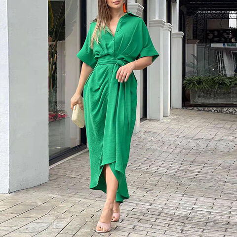 Großhandel Damen Sommerkleid mit Schnürung, taillierter Passform, kurzen Ärmeln, einreihiger Knopfleiste, anpassbarer Farbe, europäischer und amerikanischer Stil