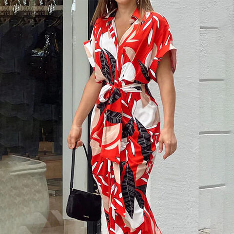 Großhandel Damen Sommerkleid mit Schnürung, taillierter Passform, kurzen Ärmeln, einreihiger Knopfleiste, anpassbarer Farbe, europäischer und amerikanischer Stil