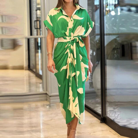 Großhandel Damen Sommerkleid mit Schnürung, taillierter Passform, kurzen Ärmeln, einreihiger Knopfleiste, anpassbarer Farbe, europäischer und amerikanischer Stil