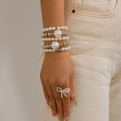 SISSLIA Übertriebenes Damen-Perlenarmband-Set, kreatives Temperament, große runde Perlen, Micro-Set-Armband