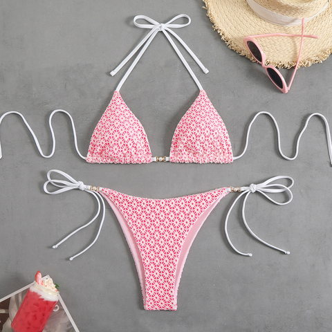 Bikini de Niña Personalizado, Traje de Baño de Dos Piezas con Material de Doble Cara, Bikini Triángulo con Perlas para Niñas - Venta al por mayor
