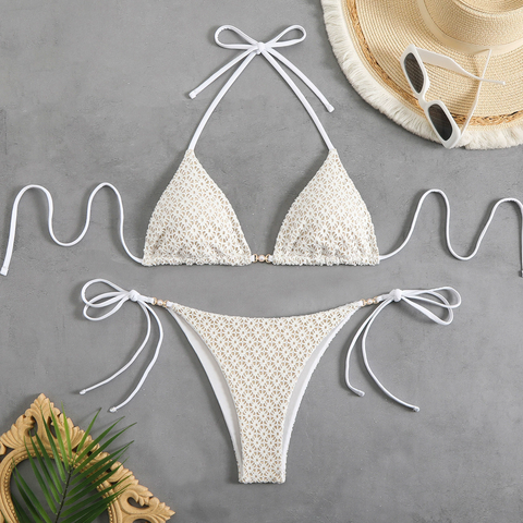 Bikini de Niña Personalizado, Traje de Baño de Dos Piezas con Material de Doble Cara, Bikini Triángulo con Perlas para Niñas - Venta al por mayor