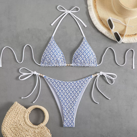 Bikini de Niña Personalizado, Traje de Baño de Dos Piezas con Material de Doble Cara, Bikini Triángulo con Perlas para Niñas - Venta al por mayor