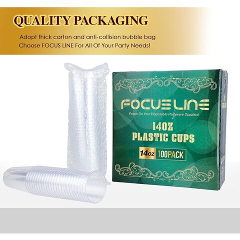 FOCUSLINE 100Pk 14oz vasos de plástico transparente, desechables/grandes vasos reutilizables, resistente 14oz para fiesta de bodas, acción de gracias, salón