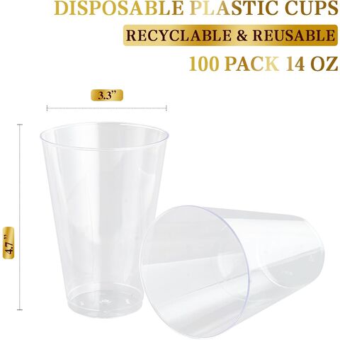 FOCUSLINE 100Pk 14oz vasos de plástico transparente, desechables/grandes vasos reutilizables, resistente 14oz para fiesta de bodas, acción de gracias, salón