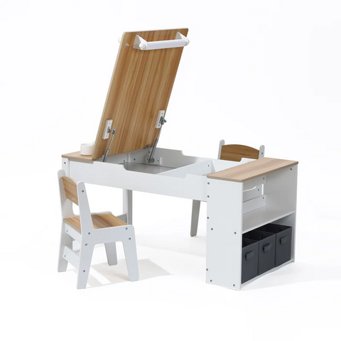 Ensemble Table et Chaises d'Étude en Bois pour Enfants avec Bibliothèque de Rangement et Ensemble de 2 Chaises pour Tout-Petits, Mobilier de Salle de Jeux Scolaire