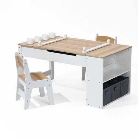 Ensemble Table et Chaises d'Étude en Bois pour Enfants avec Bibliothèque de Rangement et Ensemble de 2 Chaises pour Tout-Petits, Mobilier de Salle de Jeux Scolaire