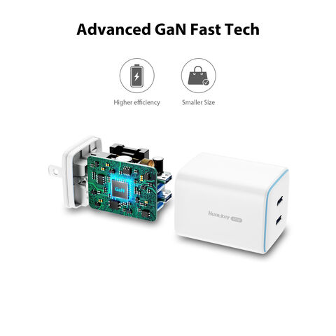 Cargador de pared rápido Huntkey SCP PD3.0 de 45W con doble puerto USB-C GaN para teléfonos móviles, con certificación UL FCC