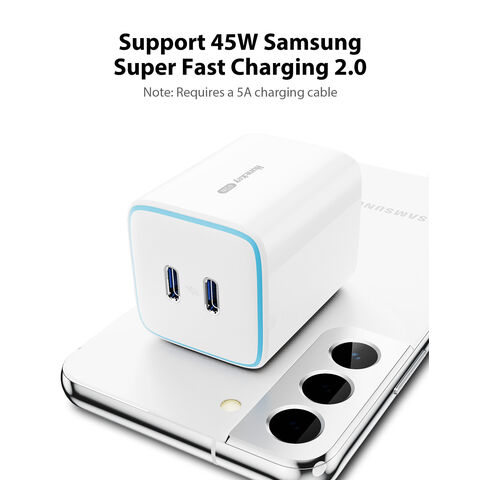 Cargador de pared rápido Huntkey SCP PD3.0 de 45W con doble puerto USB-C GaN para teléfonos móviles, con certificación UL FCC