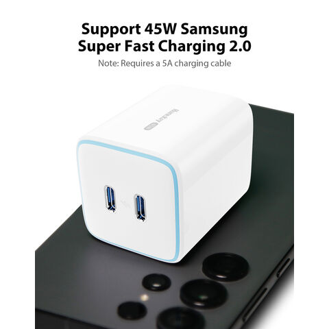 Cargador de pared rápido Huntkey SCP PD3.0 de 45W con doble puerto USB-C GaN para teléfonos móviles, con certificación UL FCC