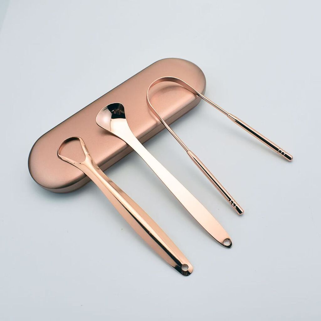 Rose Gold Stainless Steel Dental Tongue Scraper Toothbrush Cleaner Copper Stainless Steel Tongue Cleaner Brush Scraper 3 in 1