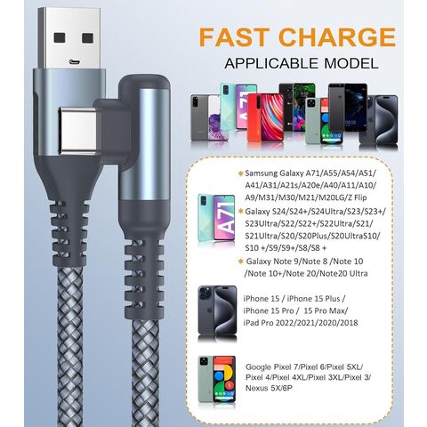 Cable de Carga Rápida Tipo C, Cable USB A a Tipo C PD con Ángulo Recto de 90 Grados, Trenzado de Nailon Duradero