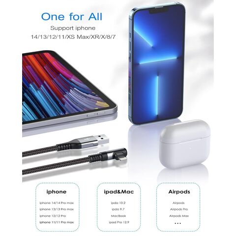 Cable USB A a Lightning de Carga Rápida con Ángulo Recto de 90 Grados, Trenzado en Nylon, para Dispositivos iPhone iOS
