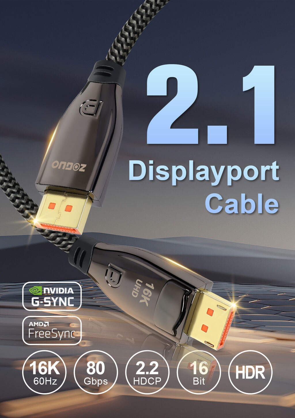 Cable Displayport Ubluker 16K 8K Câble DisplayPort 2.1 80Gbps 2M, Certifié VESA Ultra High Bit Rate Câble DP Vers DP UHBR20 DSC1.2a 4K 240Hz 165Hz 144Hz 120Hz 16K 60Hz 8K 120Hz PC