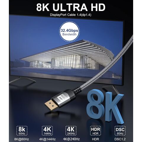 Cable DisplayPort 1.4 de Alta Velocidad, Cable DP 8K 60Hz Macho a Macho 8K@60Hz 4K@144Hz Trenzado Compatible con TV Monitor Laptop