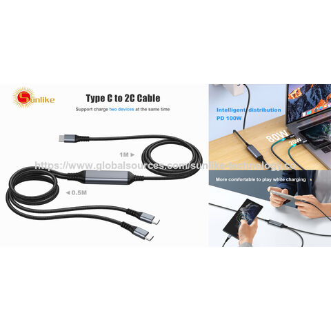 OEM ODM factory, Sunlike Type C to 2C cable, Support twodevices charging simultaneously, 100W intelligent current allocation