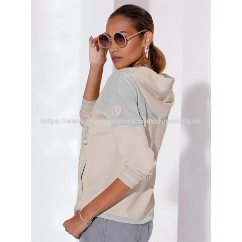 Sudadera con Capucha y Cremallera de Manga Larga para Mujer al por Mayor / Modal TENCEL / Bloque de Color / Estampado de Lámina y Diseño de Pedrería de Cristal / OEM/ODM Personalizado
