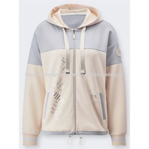 Sudadera con Capucha y Cremallera de Manga Larga para Mujer al por Mayor / Modal TENCEL / Bloque de Color / Estampado de Lámina y Diseño de Pedrería de Cristal / OEM/ODM Personalizado