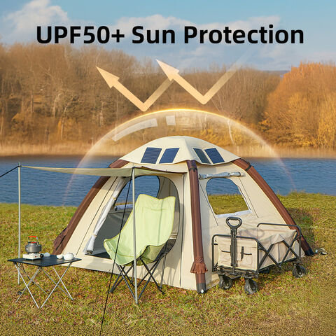 Tenda de campismo solar autoinflável de alta demanda com painéis solares de 52W para caminhadas e carregamento de laptops
