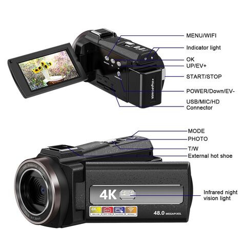 4K Wi-Fi Videokamera im Großhandel, unterstützt bis zu 48MP Aufnahme, 3-Zoll Touch-Flip-Screen, HDMI-Ausgang, geeignet für Videoaufnahmen.