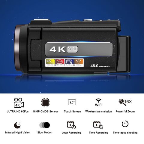 4K Wi-Fi Videokamera im Großhandel, unterstützt bis zu 48MP Aufnahme, 3-Zoll Touch-Flip-Screen, HDMI-Ausgang, geeignet für Videoaufnahmen.