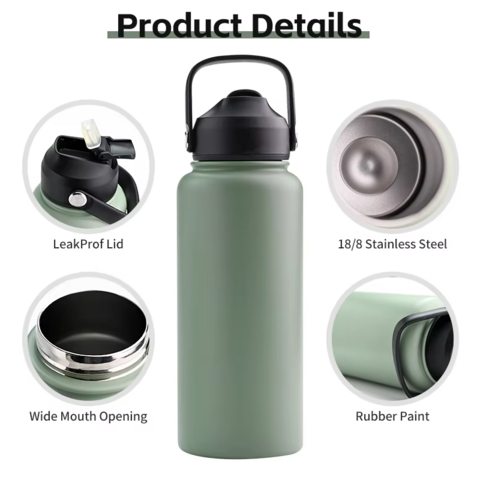 Termo de café personalizado, acero inoxidable, doble pared, aislado, para gimnasio, deporte, botella de agua de 18 oz 32 oz con pajita