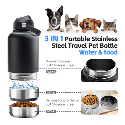 Botella de Agua para Mascotas 3 en 1 de Acero Inoxidable Portátil con Logo Personalizado de 946 ml (32 oz) y Contenedor de Alimentos para Viaje para Perros y Gatos