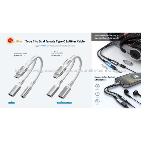 Adaptateur Sunlike Type C-PD + Audio, boîtier en aluminium, PD 60W, prise en charge de la commande en ligne, microphone, transfert de données USB 2.0