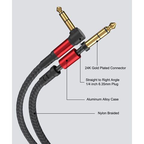 Cable de Guitarra con Conectores Jack de 6.35mm (1/4") Balanceado Estéreo, Ángulo Recto, Bañado en Oro