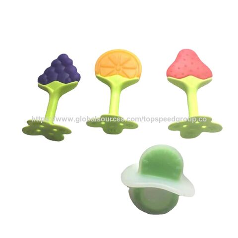 Mordedor de silicona para bebés con forma de fruta, venta al por mayor, 100% silicona de grado alimenticio, palo molar de mano anti-ingesta, juguete mordedor para bebés