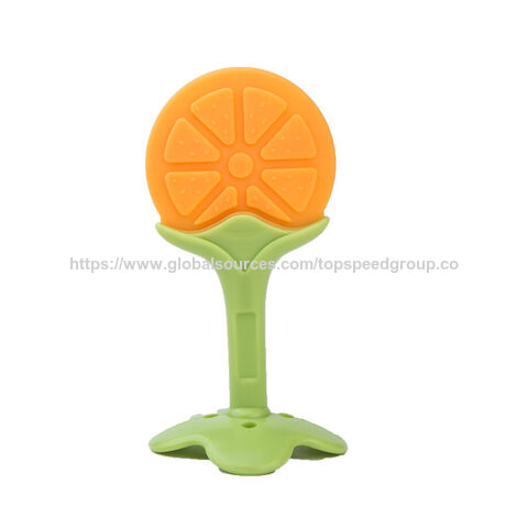 Mordedor de silicona para bebés con forma de fruta, venta al por mayor, 100% silicona de grado alimenticio, palo molar de mano anti-ingesta, juguete mordedor para bebés