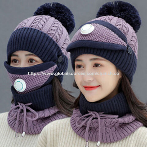 Fleece Lined Women's Beanie Knit Hat, Winter Scarf Mask Set,Girls Warm Hat Earmuffs Cap with Pom