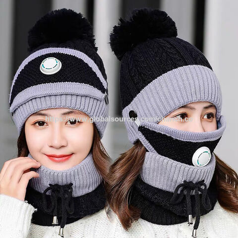 Fleece Lined Women's Beanie Knit Hat, Winter Scarf Mask Set,Girls Warm Hat Earmuffs Cap with Pom