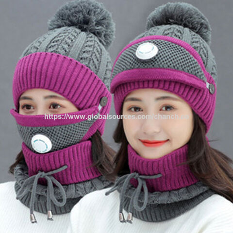 Fleece Lined Women's Beanie Knit Hat, Winter Scarf Mask Set,Girls Warm Hat Earmuffs Cap with Pom