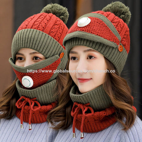 Fleece Lined Women's Beanie Knit Hat, Winter Scarf Mask Set,Girls Warm Hat Earmuffs Cap with Pom