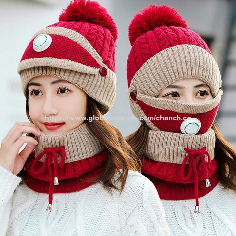 Fleece Lined Women's Beanie Knit Hat, Winter Scarf Mask Set,Girls Warm Hat Earmuffs Cap with Pom