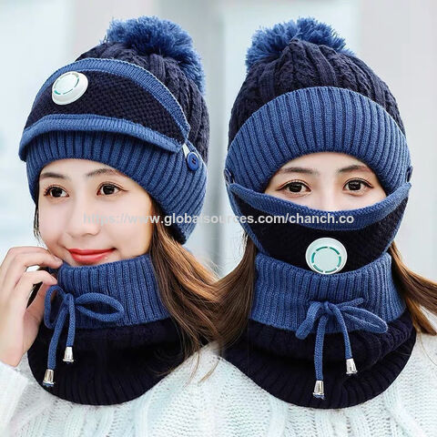 Fleece Lined Women's Beanie Knit Hat, Winter Scarf Mask Set,Girls Warm Hat Earmuffs Cap with Pom