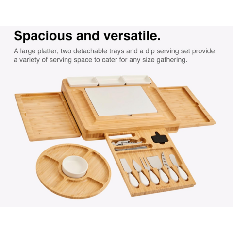 Tabla de Quesos de Bambú Personalizable para Servir, Cortar y Picar con Juego de Cuchillos para Cocina, Hogar, Bodas y Fiestas