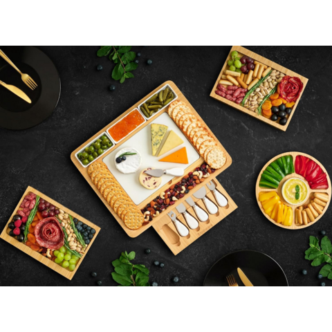 Tabla de Quesos de Bambú Personalizable para Servir, Cortar y Picar con Juego de Cuchillos para Cocina, Hogar, Bodas y Fiestas