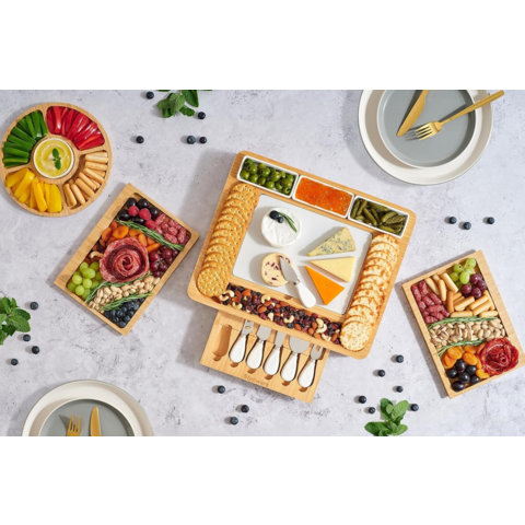 Tabla de Quesos de Bambú Personalizable para Servir, Cortar y Picar con Juego de Cuchillos para Cocina, Hogar, Bodas y Fiestas