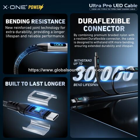 X-ONE Ultra Pro Cable PD 100W USB-C To USB-C Digital LED Cable Fast Charging Date Cable For iPhone Series